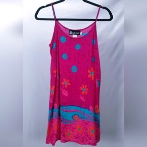 In Gear Tropical Dress Large Pink with Blue and Orange Floral Vintage Y2K